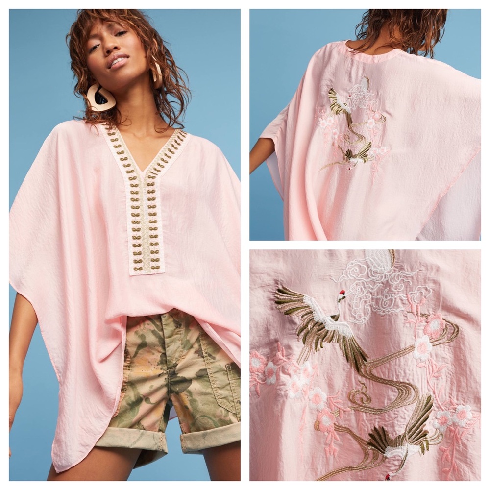 Anthropologie pink satin embroidered kimono top blouse Japanese crane OSFM